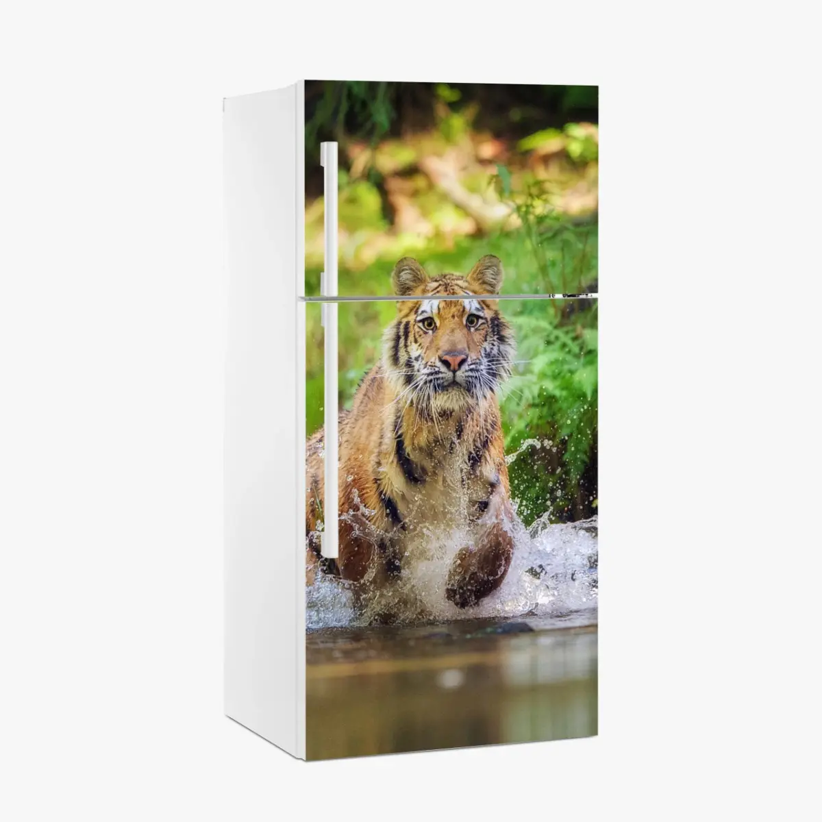 Adesivo per frigorifero tigre maestosa che attraversa l'acqua nella foresta • Wallissimo®