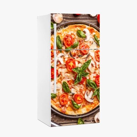 Adesivo per frigorifero pizza rustica con basilico e pomodori • Wallissimo®