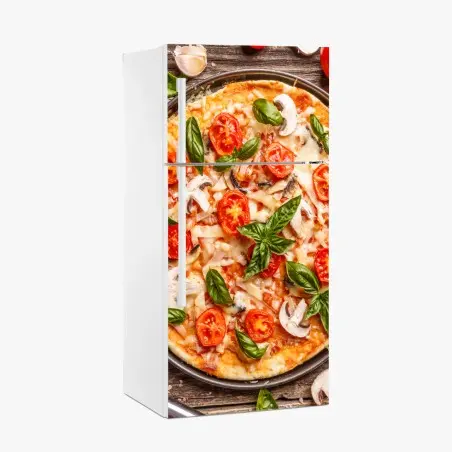 Adesivo per frigorifero pizza rustica con basilico e pomodori • Wallissimo®