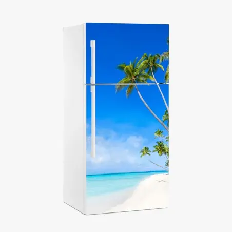 Adesivo per frigorifero paradiso tropicale con palme e mare turchese • Wallissimo®