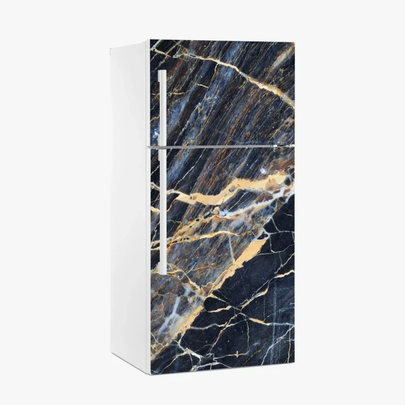 Adesivo per frigorifero marmo blu scuro con venature dorate e crema