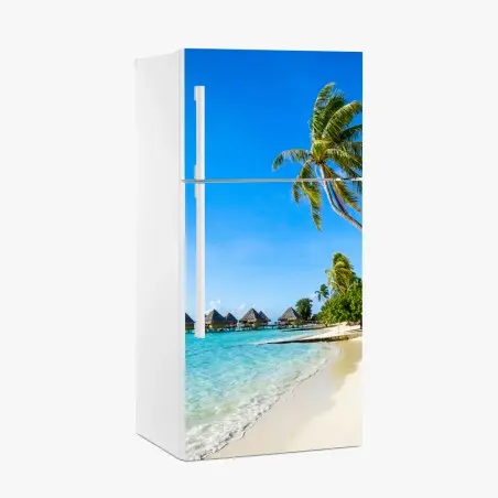 Adesivo per frigorifero paradiso tropicale con palme e bungalow • Wallissimo®