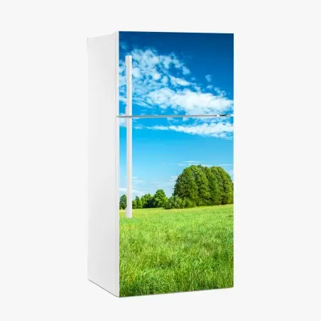 Adesivo per frigorifero prateria verde sotto cielo azzurro • Wallissimo®