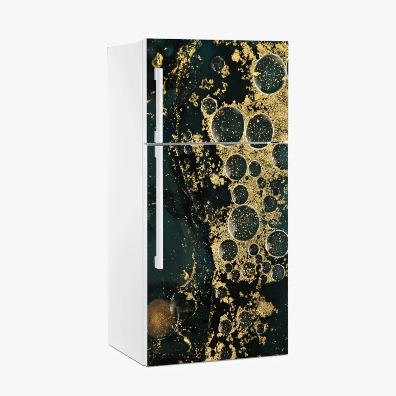 Adesivo per frigorifero oro liquido su blu petrolio, texture astratta