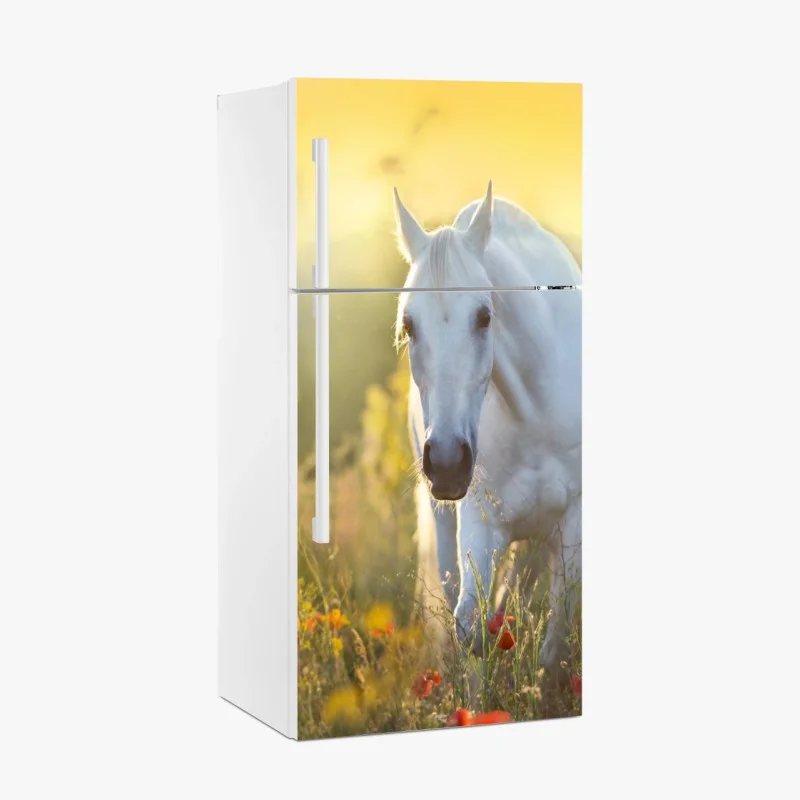 Adesivo per frigorifero elegante cavallo bianco al sorgere del sole