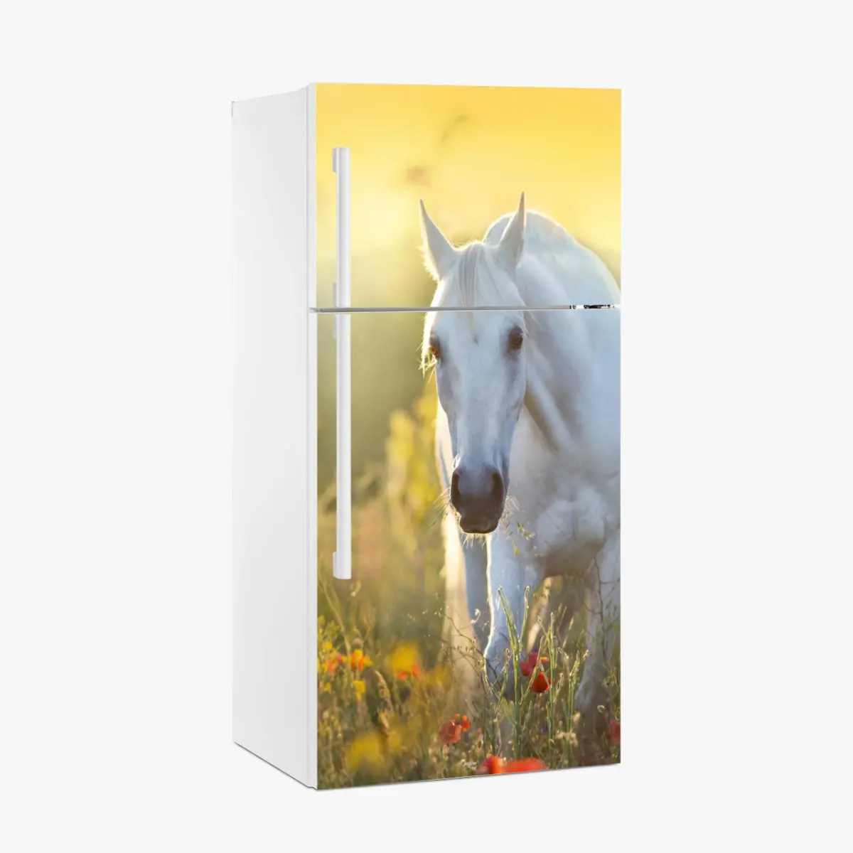 Adesivo per frigorifero elegante cavallo bianco al sorgere del sole • Wallissimo®