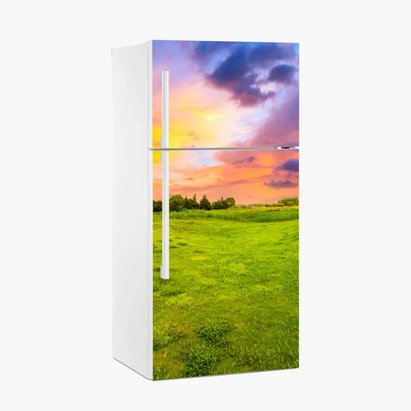 Adesivo per frigorifero tramonto sul prato verde