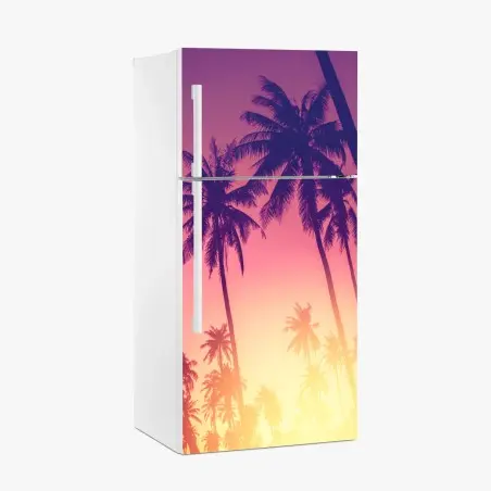 Adesivo per frigorifero tramonto tropicale tra palme ondeggianti • Wallissimo®