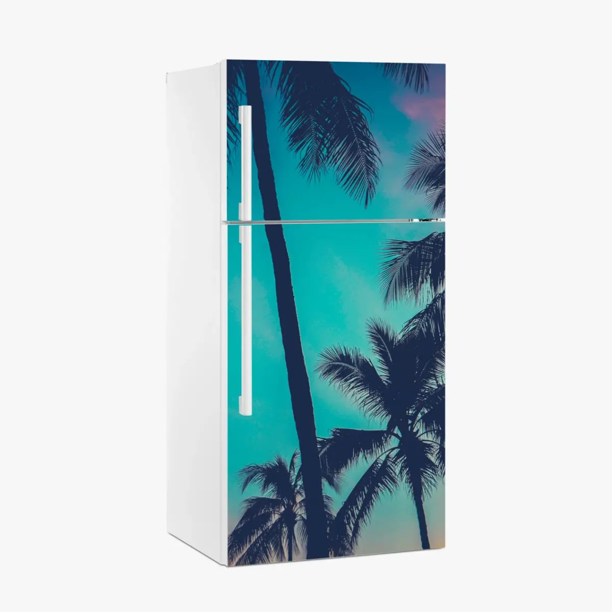 Adesivo per frigorifero tramonto retrò con palme alle Hawaii • Wallissimo®