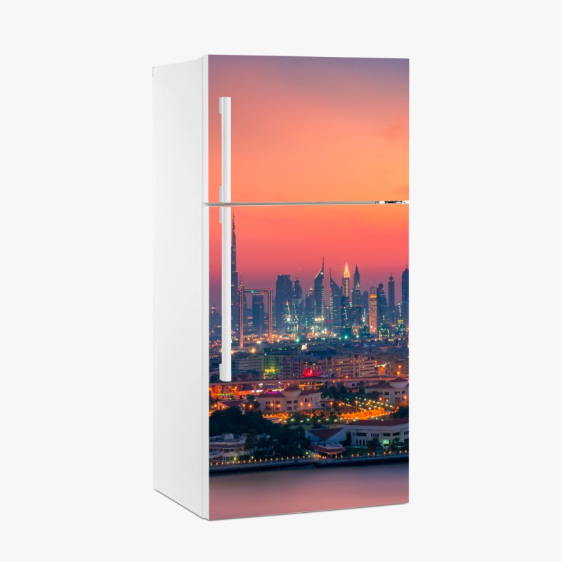 Adesivo per frigorifero tramonto sullo skyline di Dubai