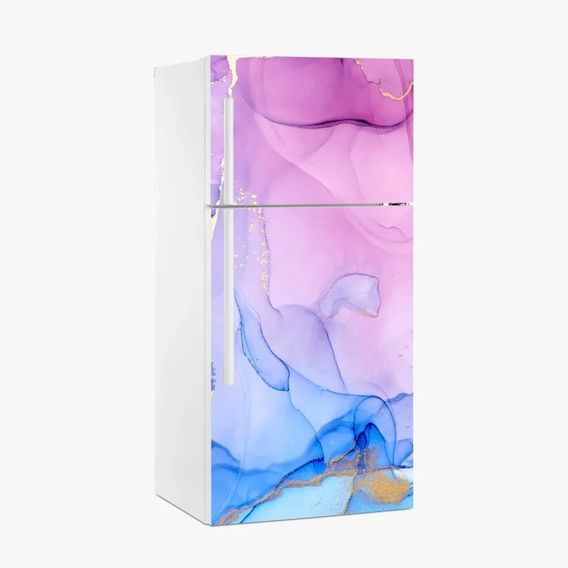 Adesivo per frigorifero sinfonia astratta rosa e blu con venature dorate