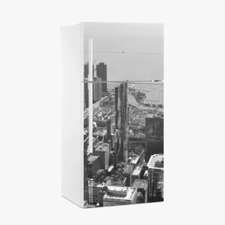 Adesivo per frigorifero panorama urbano in bianco e nero con skyline e lago • Wallissimo®