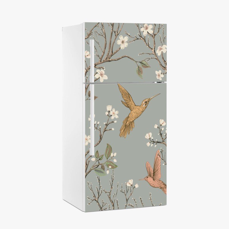 Adesivo per frigorifero rami fioriti e colibrì su sfondo grigio