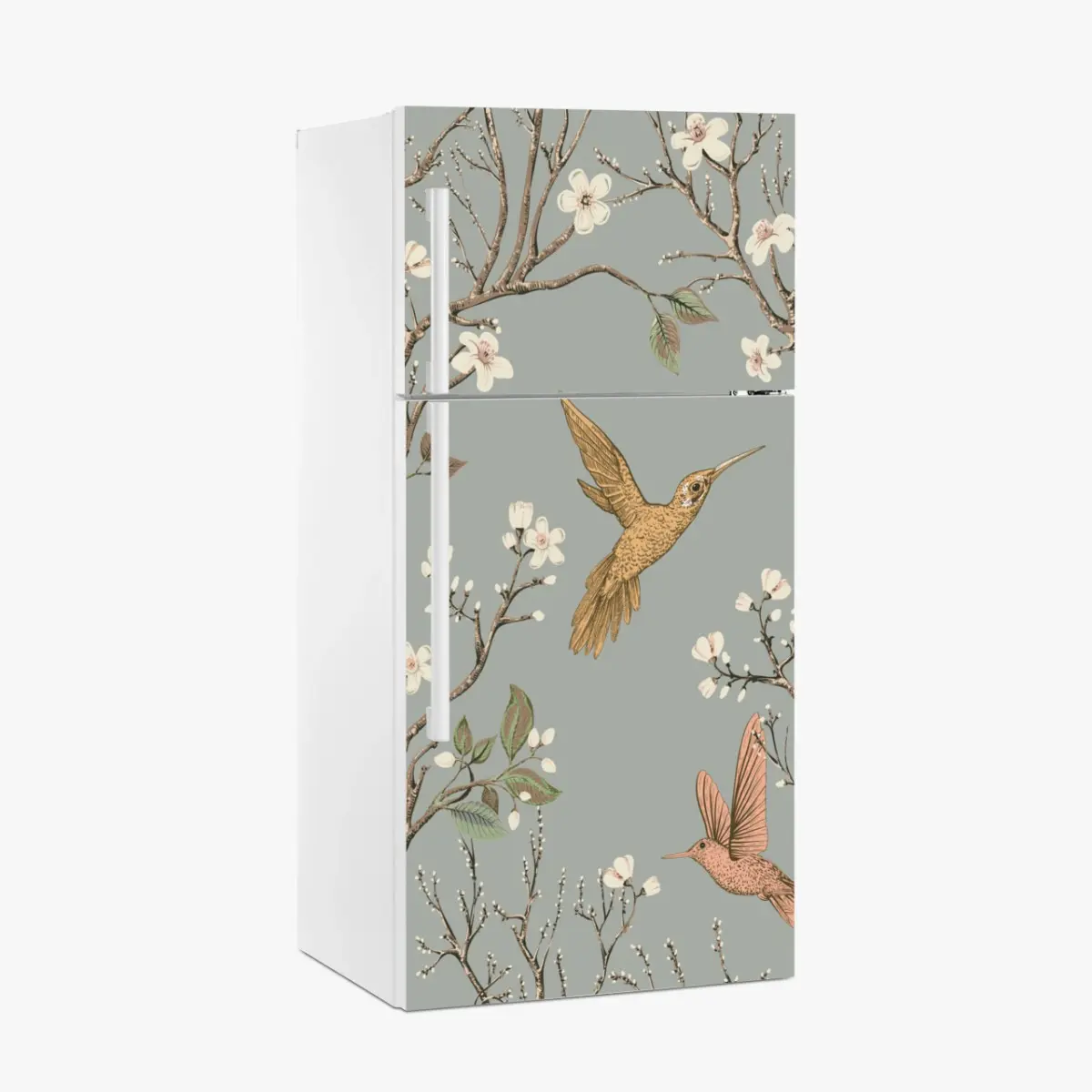 Adesivo per frigorifero rami fioriti e colibrì su sfondo grigio • Wallissimo®