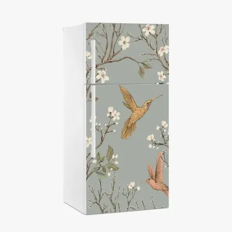 Adesivo per frigorifero rami fioriti e colibrì su sfondo grigio • Wallissimo®