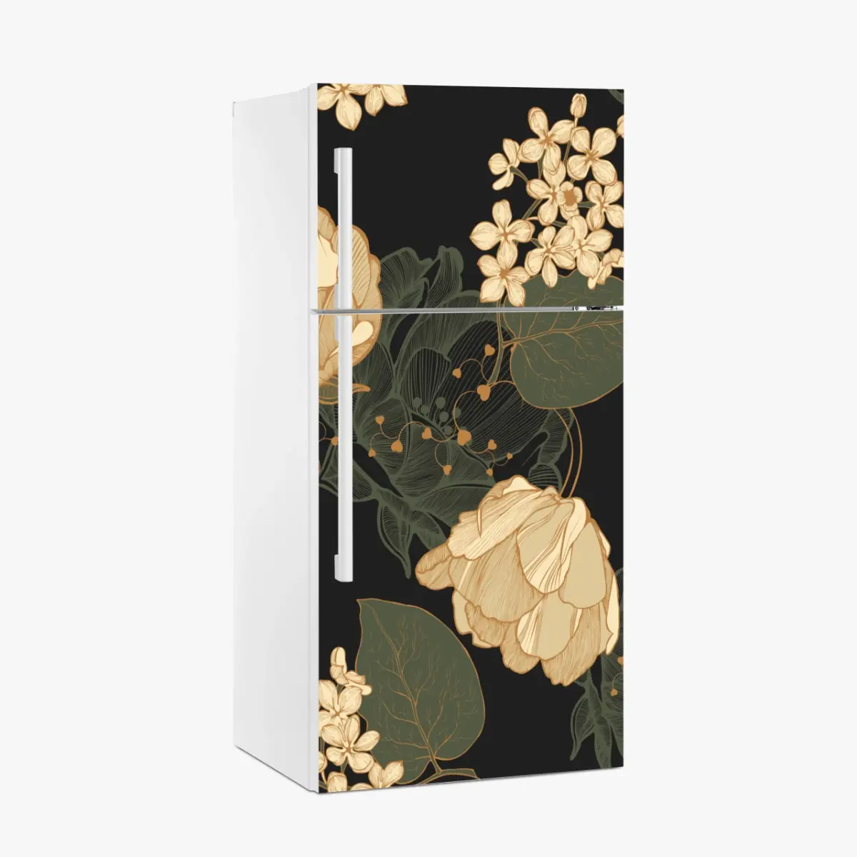 Adesivo per frigorifero elegante motivo floreale dorato su sfondo nero • Wallissimo® Adesivo per frigorifero elegante motivo floreale dorato su sfondo nero • Wallissimo®