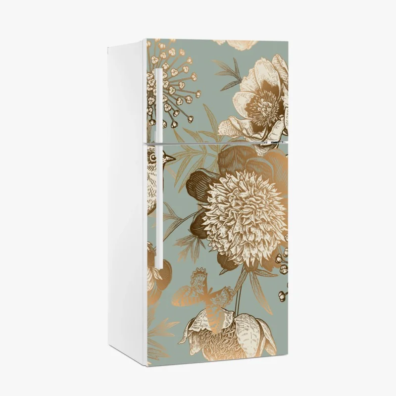Adesivo per frigorifero motivo botanico vintage con uccelli e farfalle