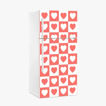 Adesivo per frigorifero motivo a scacchi con cuori rosa • Wallissimo®