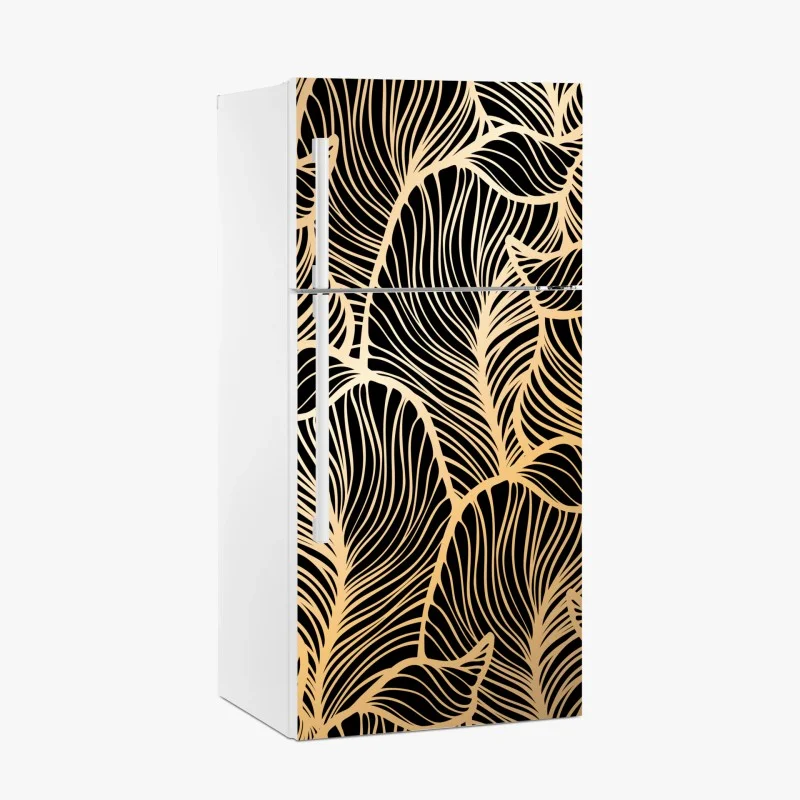 Adesivo per frigorifero motivo foglie dorate su sfondo nero