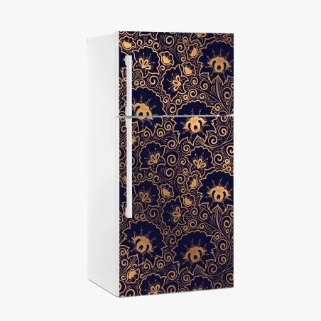 Adesivo per frigorifero motivo floreale ornamentale dorato su sfondo blu notte • Wallissimo®