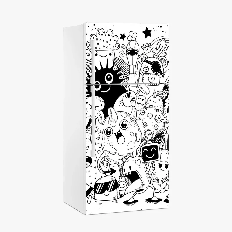 Adesivo per frigorifero festa di mostriciattoli in bianco e nero