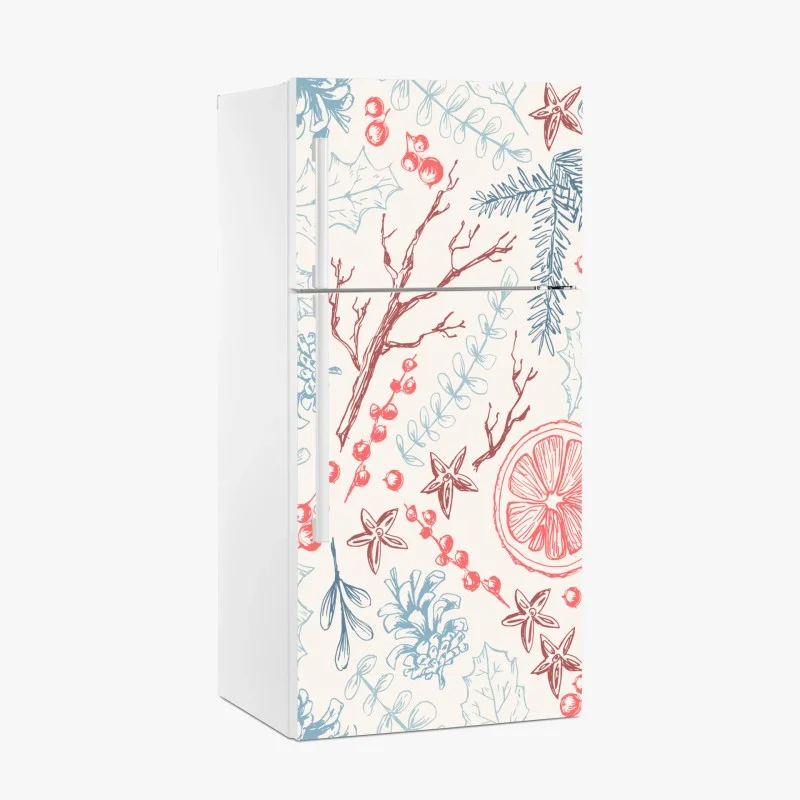 Adesivo per frigorifero motivo botanico invernale con agrumi e pigne