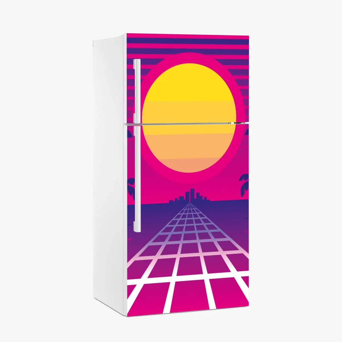 Adesivo per frigorifero tramonto synthwave al neon • Wallissimo®