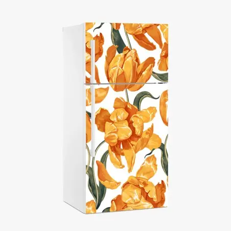 Adesivo per frigorifero motivo di tulipani arancioni su sfondo bianco • Wallissimo®