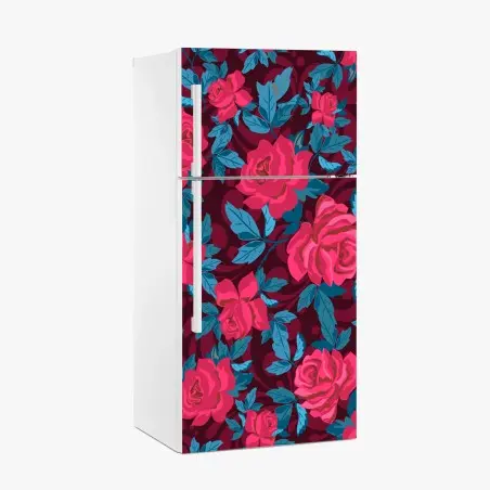 Adesivo per frigorifero motivo di rose rosa su sfondo bordeaux • Wallissimo®