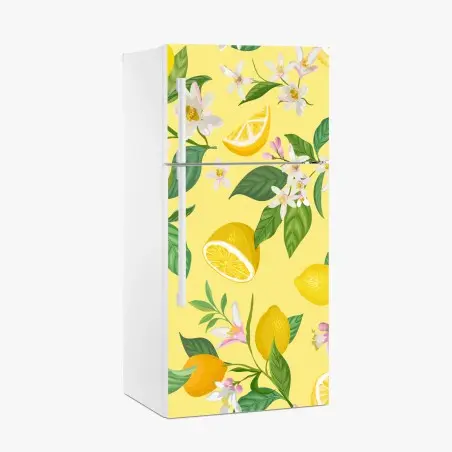 Adesivo per frigorifero motivo limoni e fiori su sfondo giallo • Wallissimo®