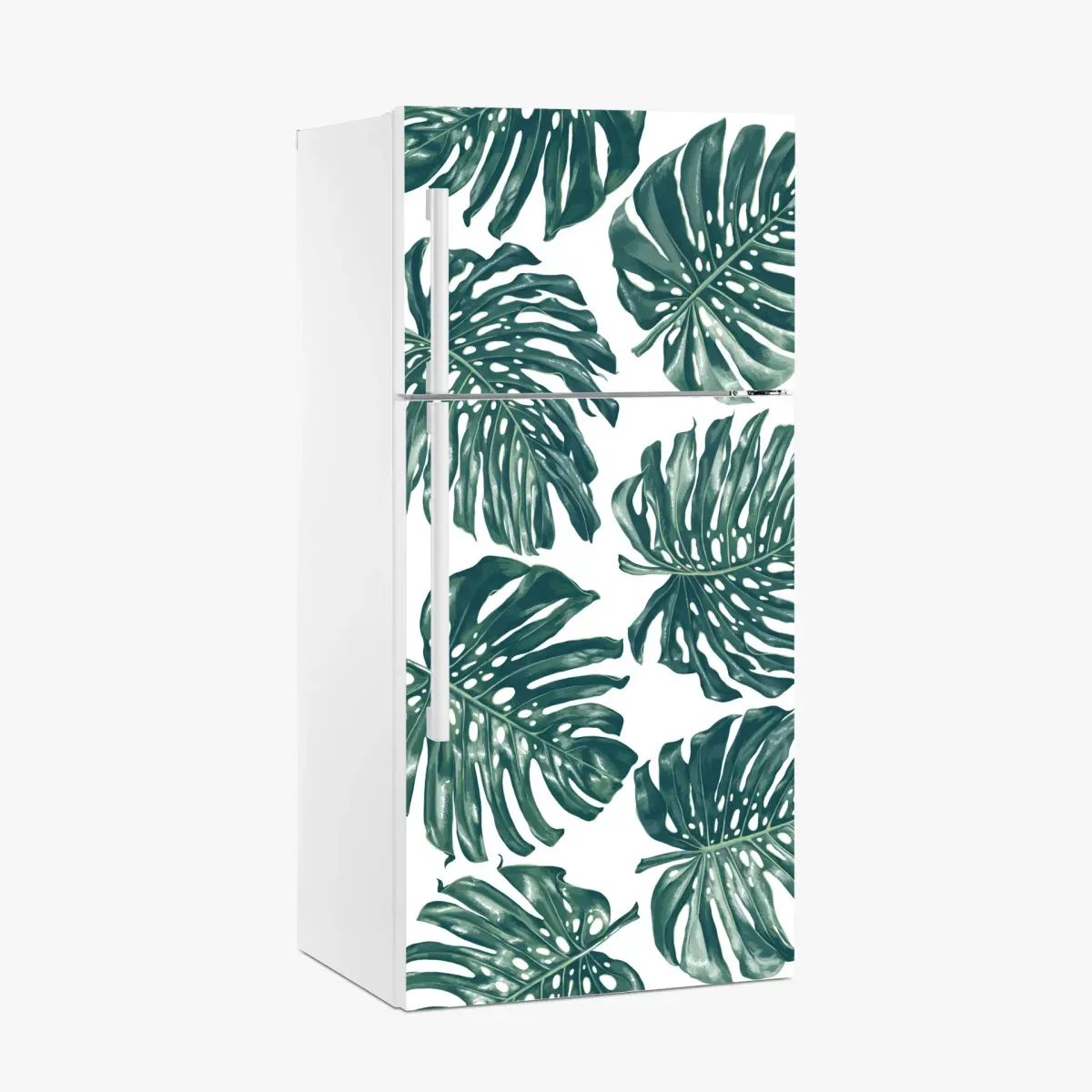 Adesivo per frigorifero design botanico con foglie di monstera su sfondo bianco • Wallissimo®