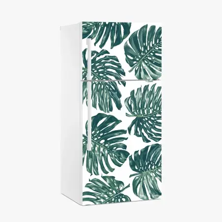Adesivo per frigorifero design botanico con foglie di monstera su sfondo bianco • Wallissimo®