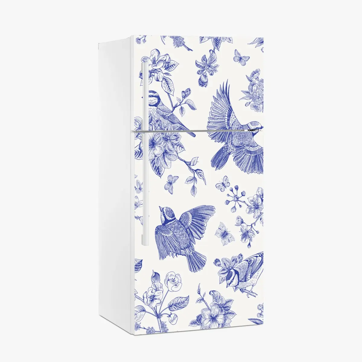 Adesivo per frigorifero motivo botanico con uccelli in inchiostro blu • Wallissimo®