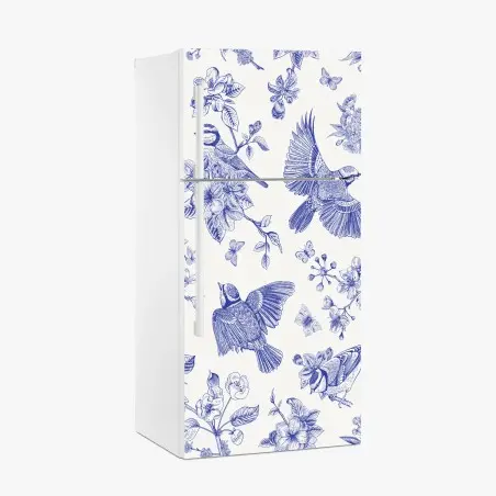 Adesivo per frigorifero motivo botanico con uccelli in inchiostro blu • Wallissimo®