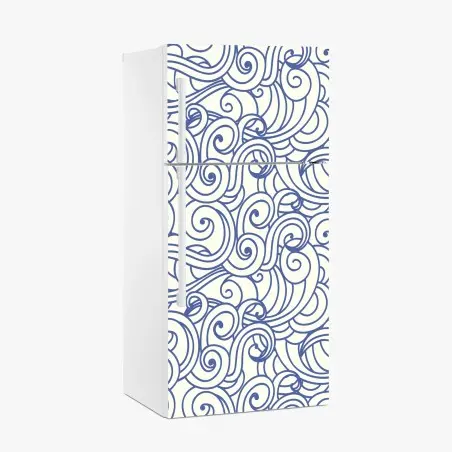 Adesivo per frigorifero onde stilizzate blu su sfondo crema • Wallissimo®