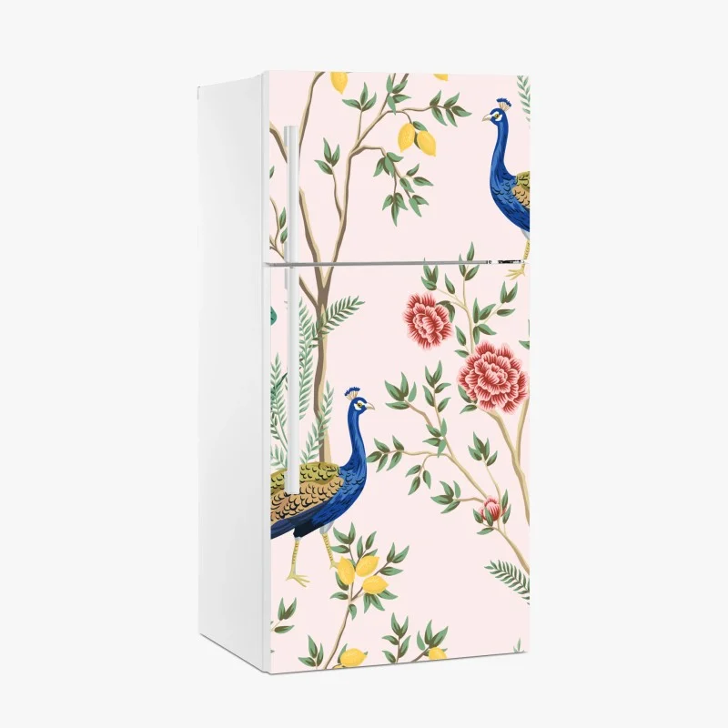 Adesivo per frigorifero pavoni nel giardino fiorito