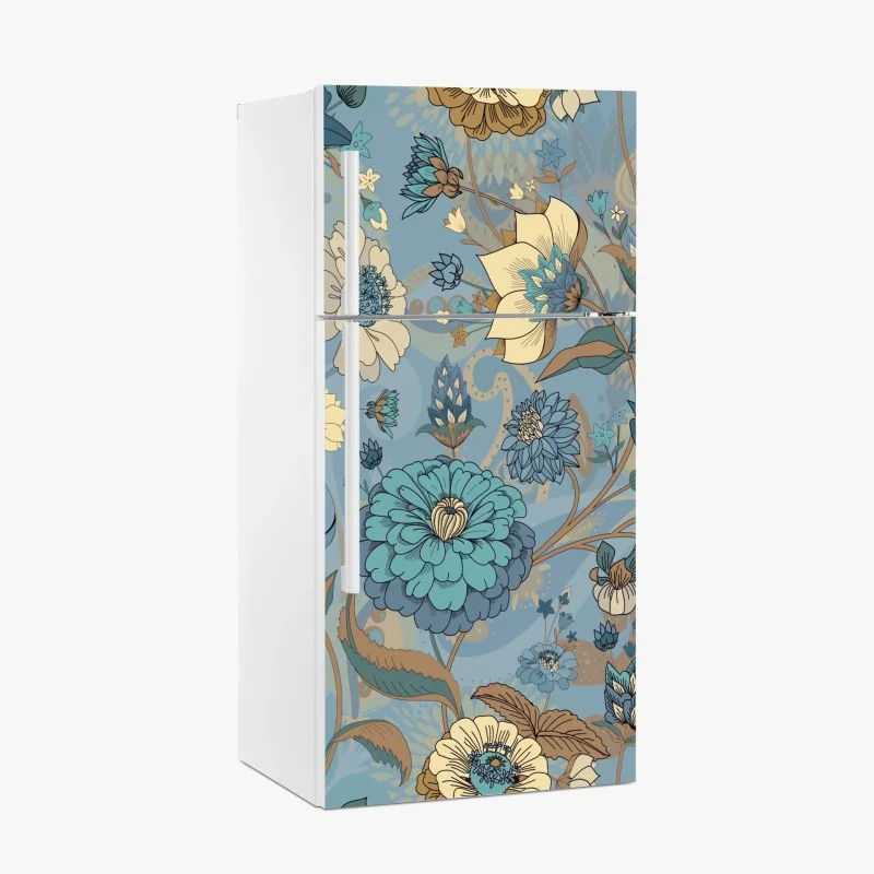 Adesivo per frigorifero motivo floreale vintage in tonalità blu e turchese