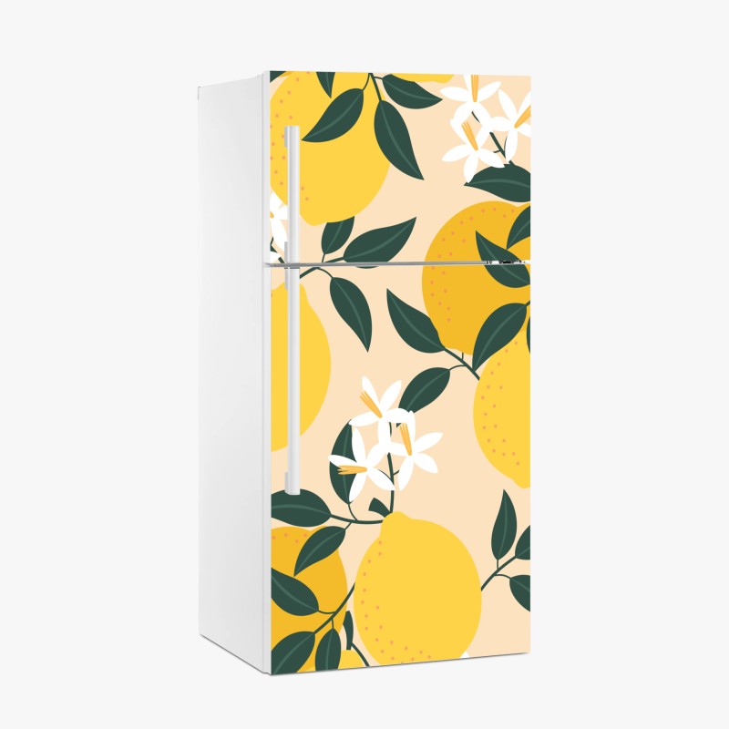 Adesivo per frigorifero motivo di limoni e fiori su sfondo beige