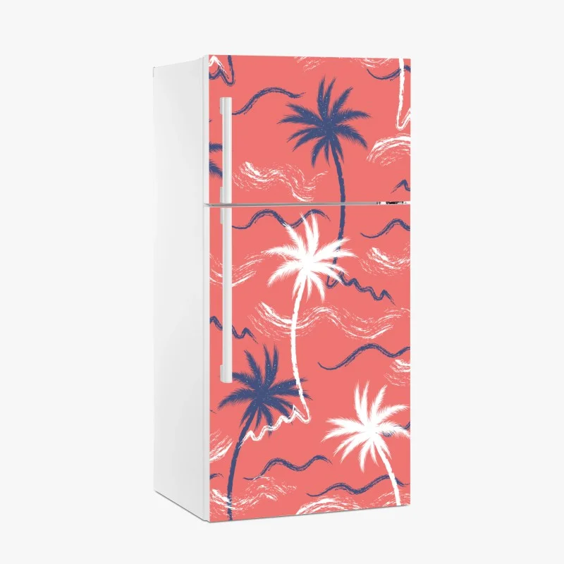 Adesivo per frigorifero motivo tropicale di palme su sfondo corallo