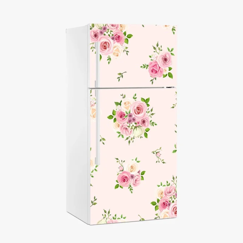 Adesivo per frigorifero bouquet di rose pastello su sfondo rosa