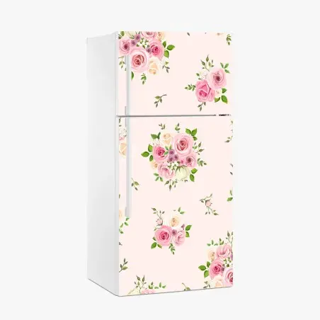 Adesivo per frigorifero bouquet di rose pastello su sfondo rosa • Wallissimo®
