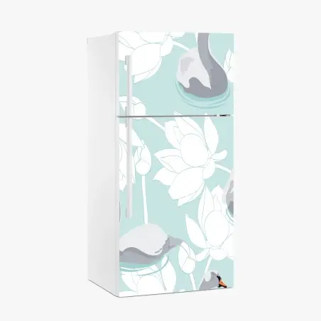Adesivo per frigorifero eleganza di cigni e fiori di loto • Wallissimo®