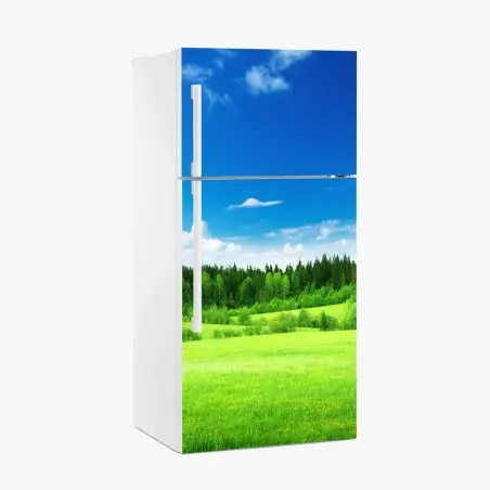 Adesivo per frigorifero paesaggio primaverile con prato e foresta • Wallissimo®