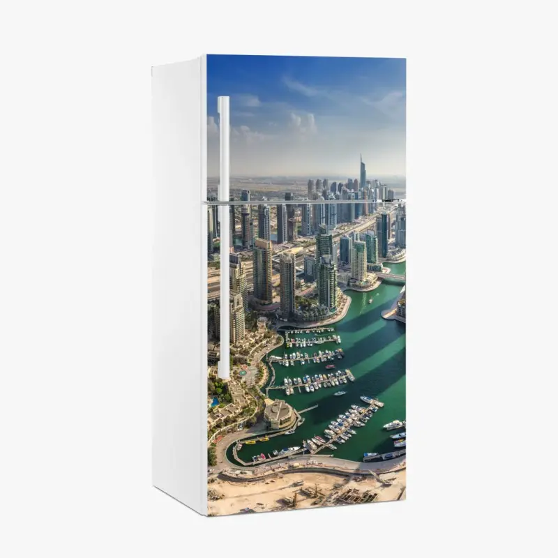 Adesivo per frigorifero vista panoramica di Dubai Marina, skyline moderno • Wallissimo®