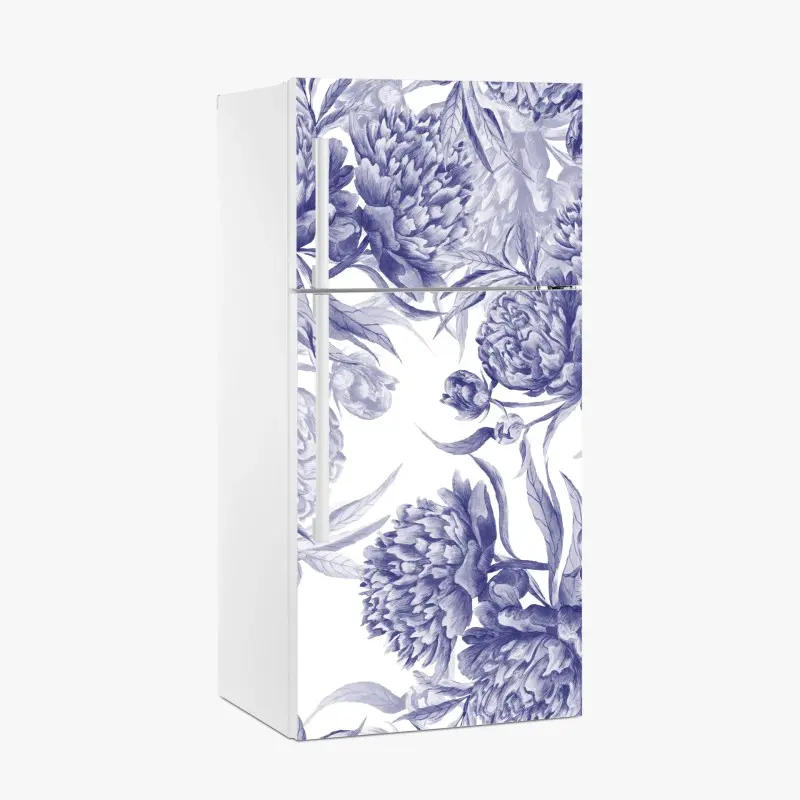 Adesivo per frigorifero motivo elegante di peonie blu su sfondo bianco