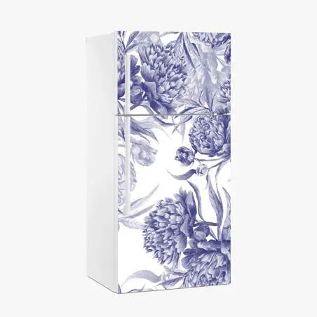 Adesivo per frigorifero motivo elegante di peonie blu su sfondo bianco • Wallissimo®