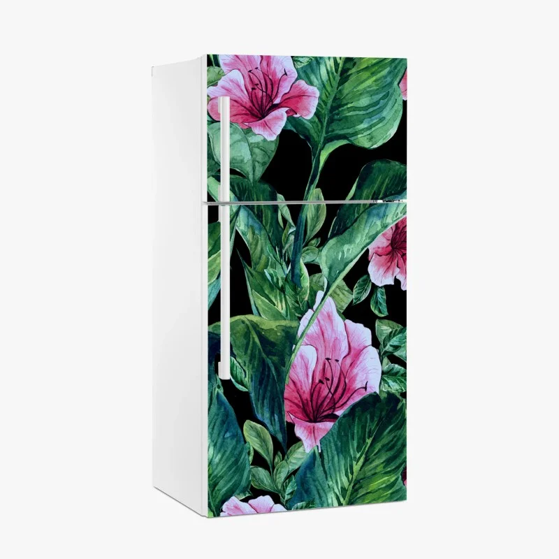 Adesivo per frigorifero motivo botanico tropicale in acquerello su sfondo nero