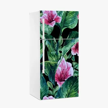 Adesivo per frigorifero motivo botanico tropicale in acquerello su sfondo nero • Wallissimo®