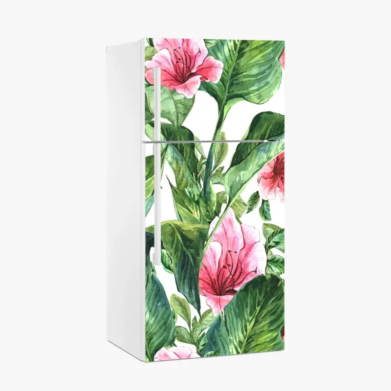 Adesivo per frigorifero motivo botanico tropicale con fiori rosa