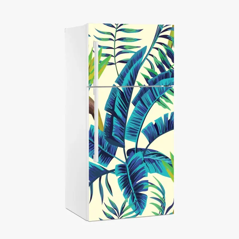 Adesivo per frigorifero foglie tropicali blu e fiori esotici